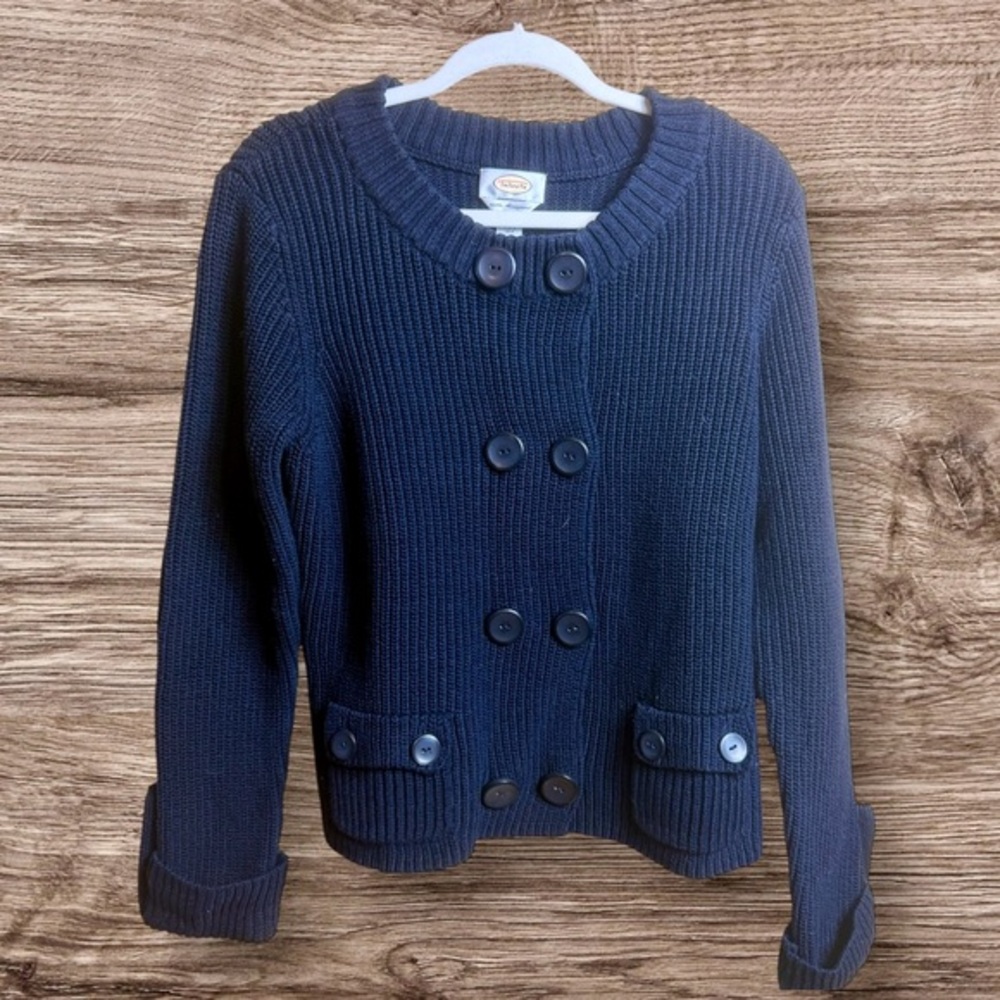 Talbots mercerized cotton navy blue double breasted nautical style sweater. XL.